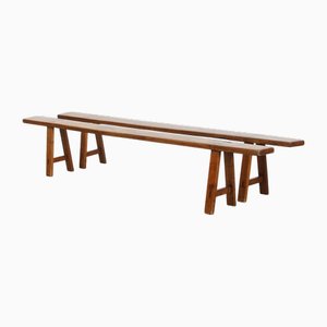 Long Antique French Hall Benches, Set of 2
