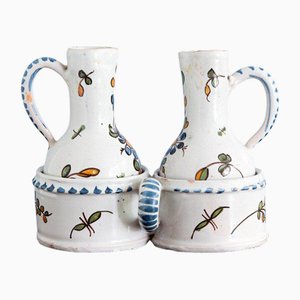 Antique Polychrome Oil and Vinegar Set from Nevers, 1700s, Set of 2
