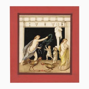 Ecole Napolitaine, Mosaïque de Pompéi : Combats de Coqs, Début XIXe, Gouache