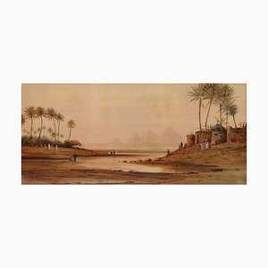 Aquarelle, Robert Murdoch Wright, Nil et Pyramides de Gizeh, Égypte, 1900