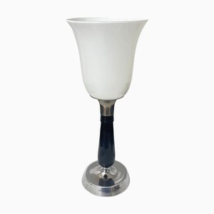 Small Art Deco Table Lamp in Black Lacquer, Chrome and Glass, France, 1930