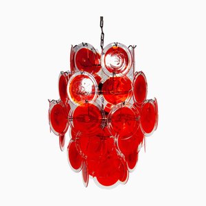 Large Red Disk Hand Blown Chandelier from Vistosi, 1960s