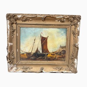 Barcos de pesca costera con figuras, siglo XIX, pintura al óleo, enmarcado