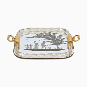 Italienisches Serviertablett aus Muranoglas mit Spiegelgravur von Ercole Barovier, 1940er