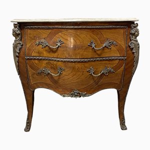 Commode Bombe de Style Louis XV en Marqueterie Bombe avec Plateau en Marbre