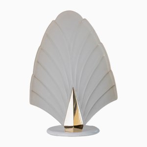 Vintage Murano Glass Table Lamp with Leaf Shaped Glass - White, Gold Metal Base, Italy, 1980s