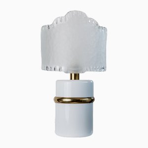 Vintage Murano Glass Table Lamp in White, Gold Metal Base, Frosted Glass Shade, Italy, 1980s