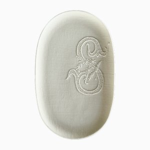 Hand Made White Porcelain Platter with Embroidered Letter Shirley by Studio Desimonewayland