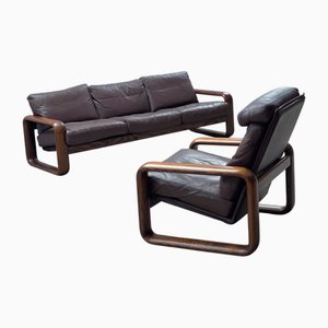 Armchair and Three-Seater Sofa in Ash and Leather by Burkhard Vogtherr for Rosenthal, 1970s, Set of 2