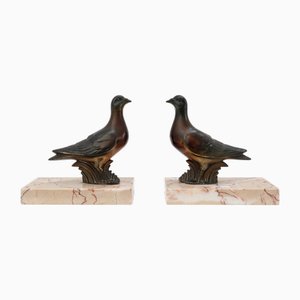 Art Deco Marble and Bronze Dove Bookends, France, 1930s, Set of 2