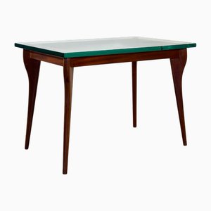 Mesa de centro vintage de madera con tablero de vidrio, años 50