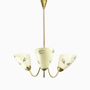 Italian Art Deco Chandelier in Brass and Yellow Glass, 1940s