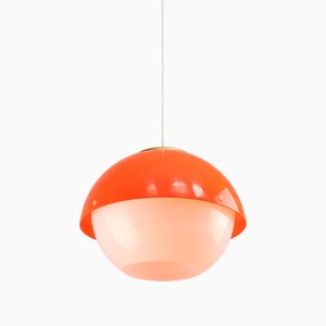 Lampada a sospensione Space Age in vetro acrilico arancione e ottone, Italia, anni '70