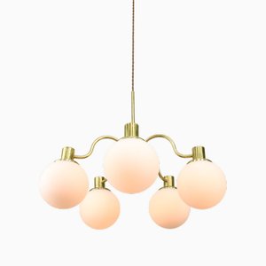 Mid-Century Modern Italian Chandelier in Brass and Opaline Glass, 1960s