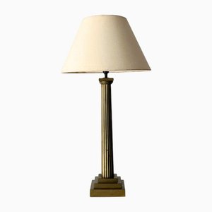 Tall Brass Column Lamp with Geometric Stepped Plinth Base, 1920s
