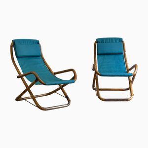 Set of Foldable Reclining Armchairs in Curved Bamboo with Brass Finishes, Italy, 1970s