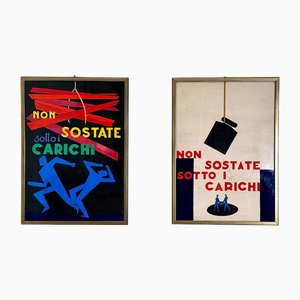 Ugo Pozzo, Non sostate sotto i carichi, 1920s, Tempera on Cardboard, Set of 2