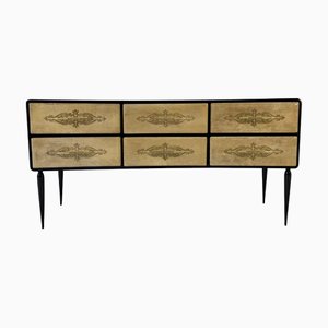 Vintage Art Deco Dresser in Black Lacquer and Engraved Parchment by Paolo Buffa, 1950s