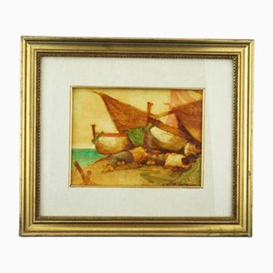 Domenico Chianese, Paesaggio marino con pescatori, XX secolo, Dipinto ad olio su tavola, In cornice