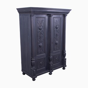 Large Three-Column Grey Pine Wardrobe with Carved Fronts, 1895
