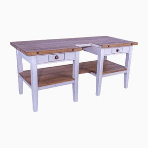 Pine Butcher Table with Shelf Rustic Top & White Waxed Base, 1900s