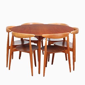 Teak Veneer & Beech Heart Dining by Hans Wegner for Fritz Hansen, 1952, Set of 7