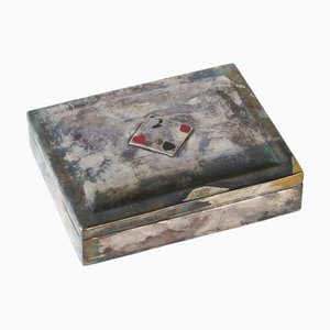 Mid-Century Modern Spielkartenbox aus patiniertem versilbertem Messing & Samt, 1950er