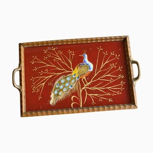 Vassoio Art Deco in legno e ottone con pavone, anni '30