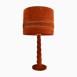 Large Table Lamp in Red Suede Leather and Brass, 1960s