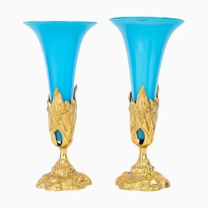 Napoleon III Cornette Vasen aus Blauem Opalglas & Vergoldeter Bronze, 2er Set