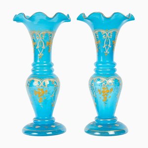 Blaue Napoleon III Vasen aus Opalglas mit goldenen Akzenten, 1800er, 2er Set