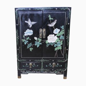 Placard en Laque de Chinoiserie Noire avec Décor d'Oiseaux et de Fleurs, 1920s