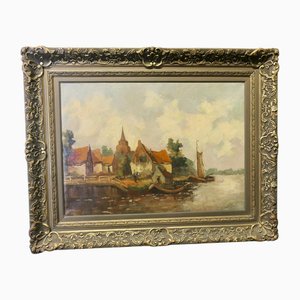 W. v. Dijk, Villaggio dall'acqua, XIX secolo, Dipinto ad olio, Incorniciato