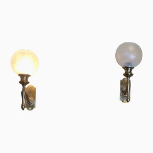 Vintage Art Deco Etched Glass Globe Wall Lights, 1920, Set of 2