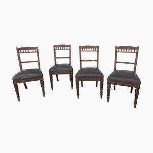 Edwardian Carved Oak and Leather Dining Chairs, 1900s, Set of 4