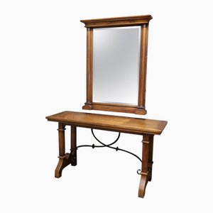 Arts and Crafts Golden Oak Console and Mirror, 1920s, Set of 2