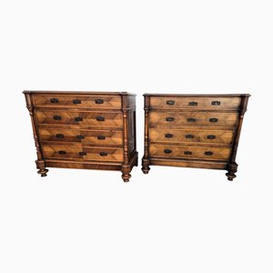 Commode à Tiroirs en Laiton et Noyer Sculpté, Italie, Set de 2