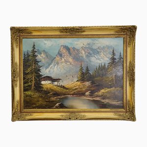 Alpine Landscape with Tyrolean Mountain Hut, 1950, Oil Painting, Framed