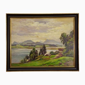 Vista sul lago alpino con baita tirolese, 1950, dipinto ad olio, con cornice