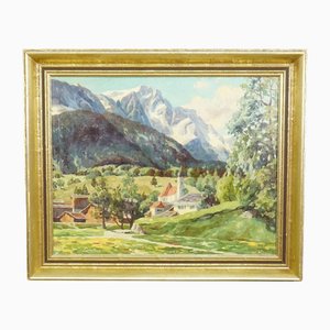 Paesaggio alpino con villaggio di montagna tirolese, 1960, Dipinto ad olio, Con cornice