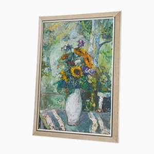 Sonnenblumen in Weißer Vase, Öl auf Leinwand, 1940er