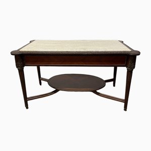 Neoclassical Mahogany and Brass Coffee Table with Marble Top