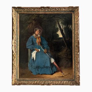 Donna con ombrello nel sottobosco, XIX secolo, Olio su tela, In cornice