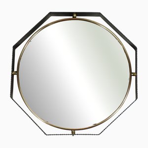 Miroir Mural Design Mid-Century en Fer et Laiton Noir, Italie, 1950