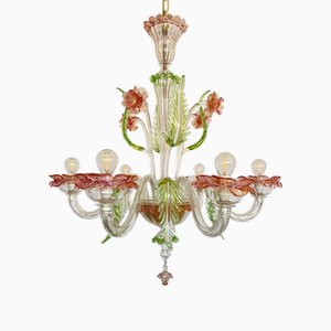 Lámpara de araña de cristal de Murano con seis luces, rosa, verde y dorado, 1992