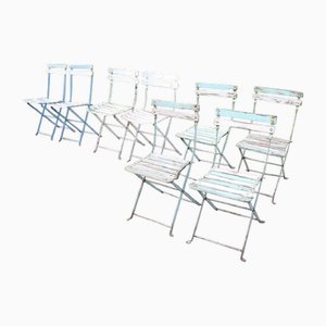Bistro Garden Folding Chairs in Iron and Wood Slats, Set of 8