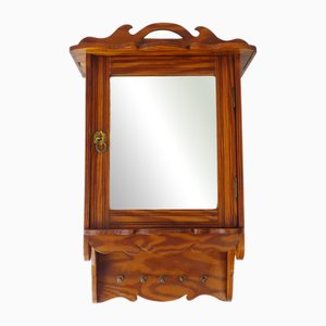 Vintage Wooden Mirror Wall Cabinet with Hooks and Ornaments