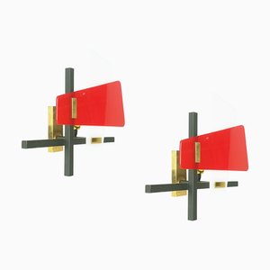 Mid-Century Wandlampen aus Metall, Messing & Rot & Weißem Acrylglas, 1960er, 2er Set