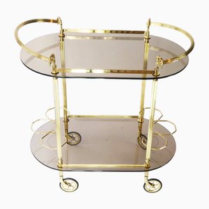 Neoklassischer Ovaler Vintage Barwagen aus Messing mit Rauchglas, 1960er