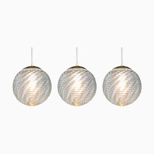 Große Mid-Century-Modern Hängelampe aus Messing & Gemustertem Glas, Prag, 1960er